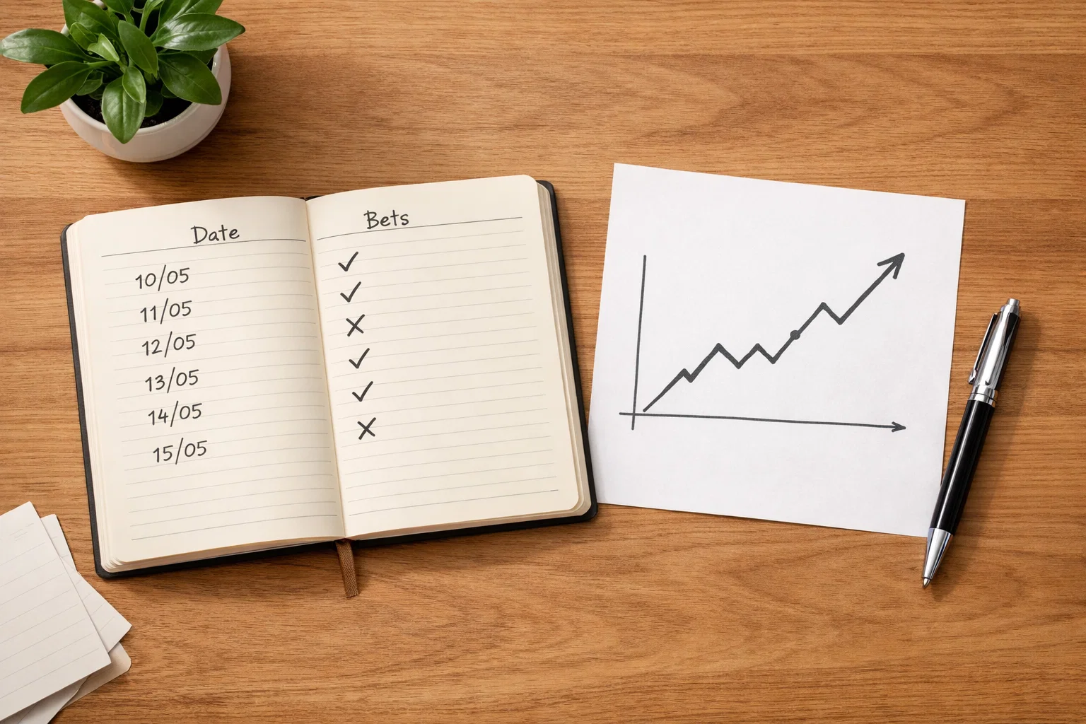 Notebook with betting records and simple performance chart on desk