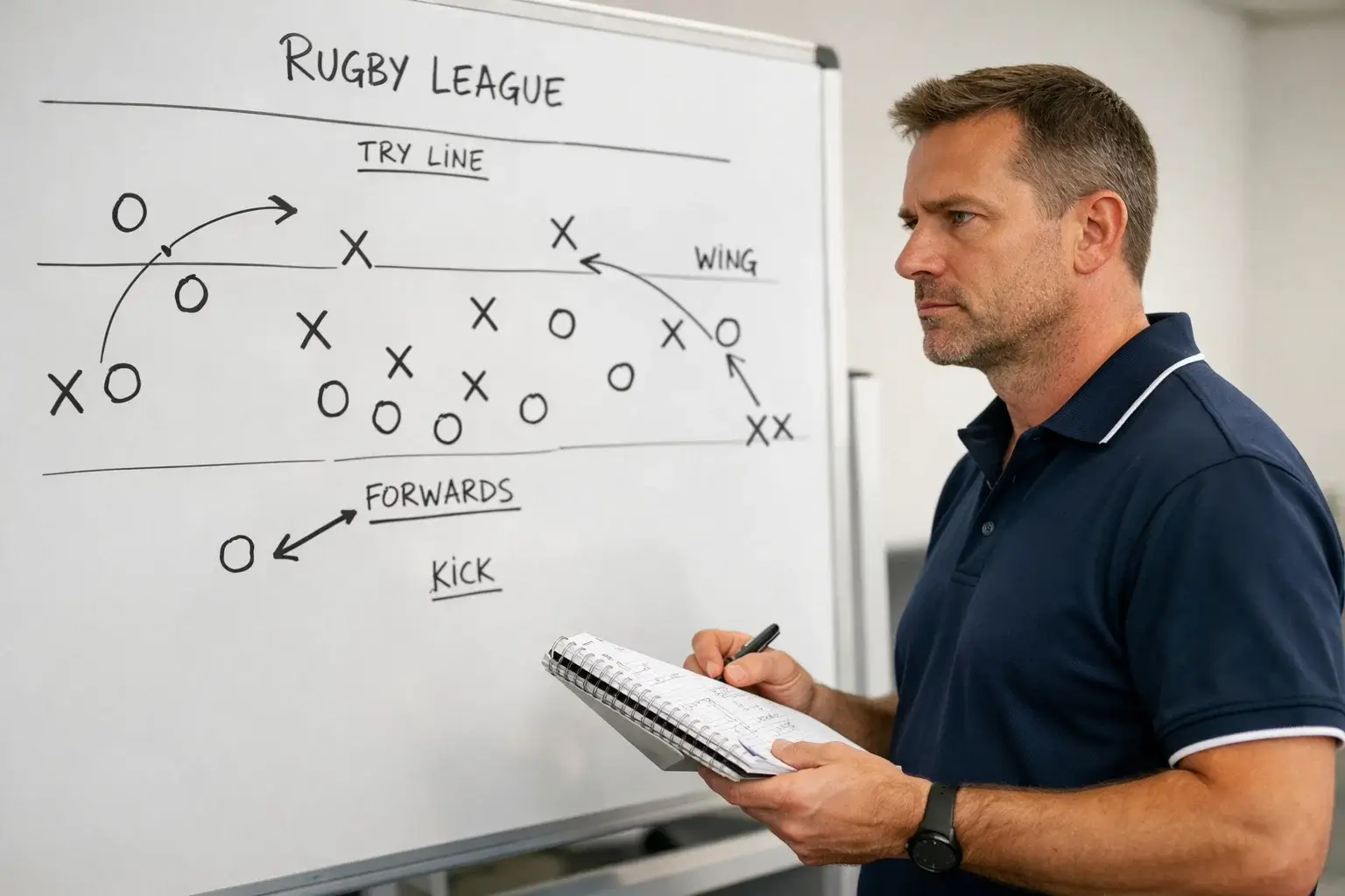 Coach analysing team performance with tactical board and notes