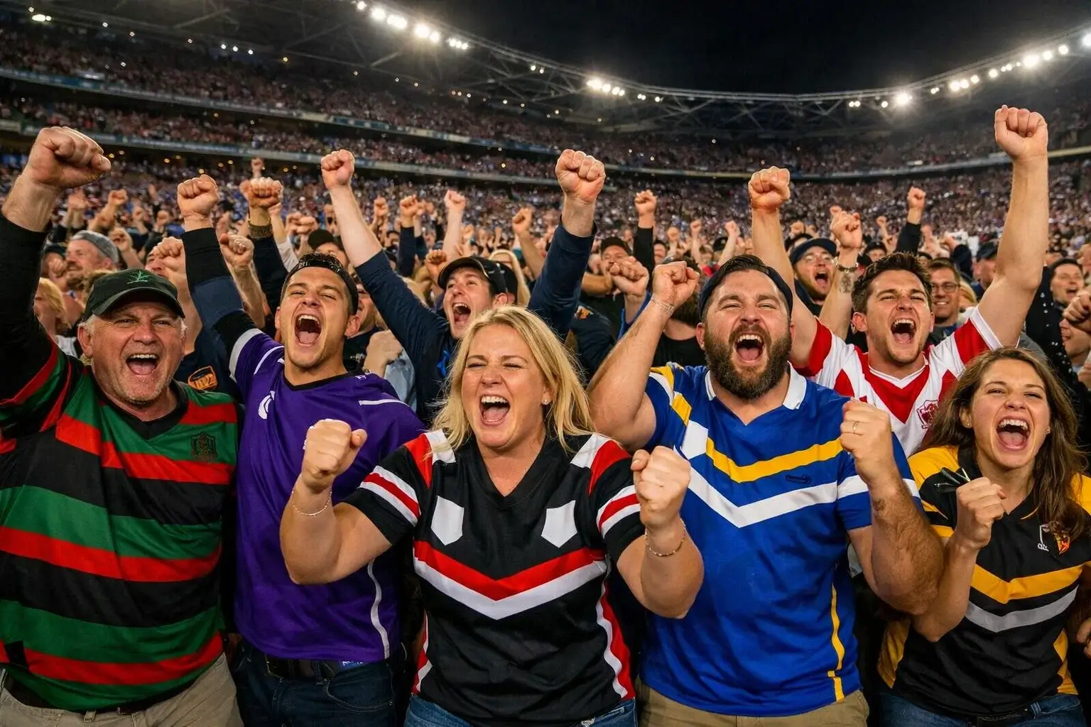 Enthusiastic fans cheering at NRL Grand Final in Sydney