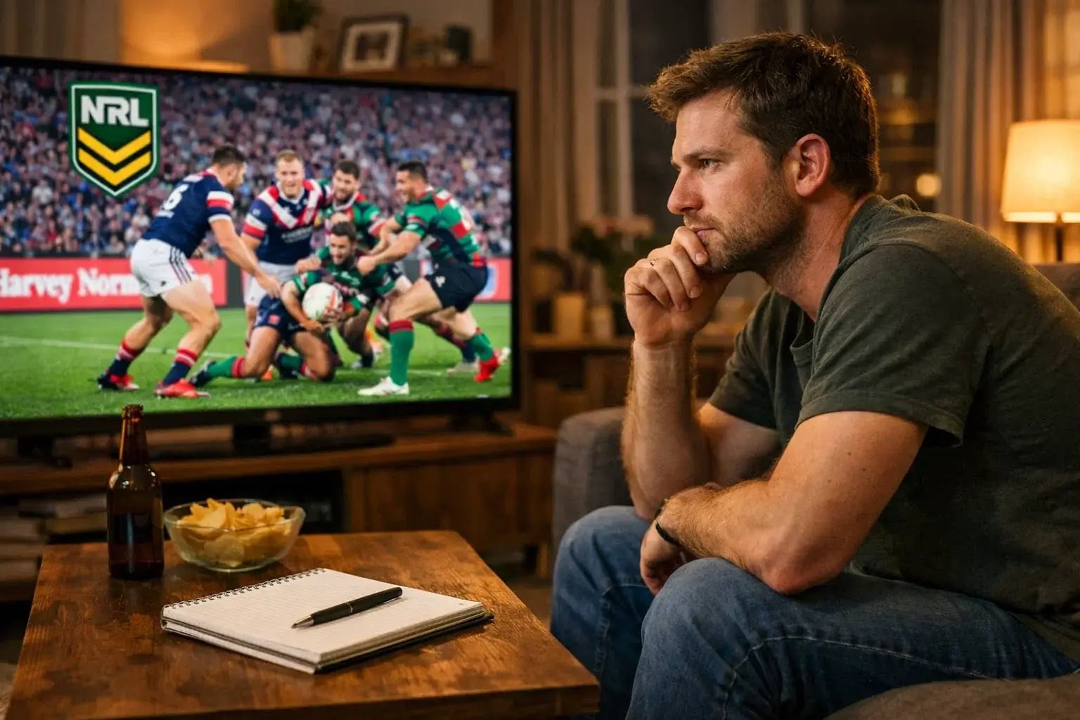 Bettor watching NRL match on screen while taking notes
