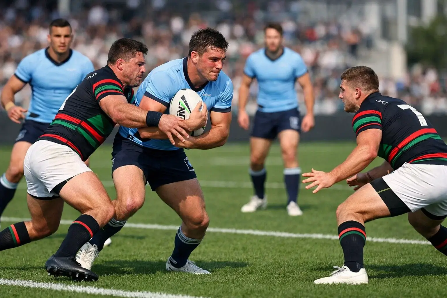 Rugby league players competing on the field during NRL regular season