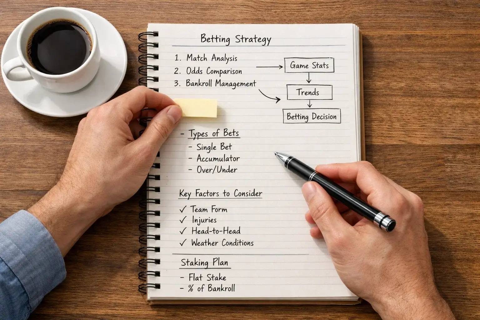 Person planning betting strategy with notebook and pen