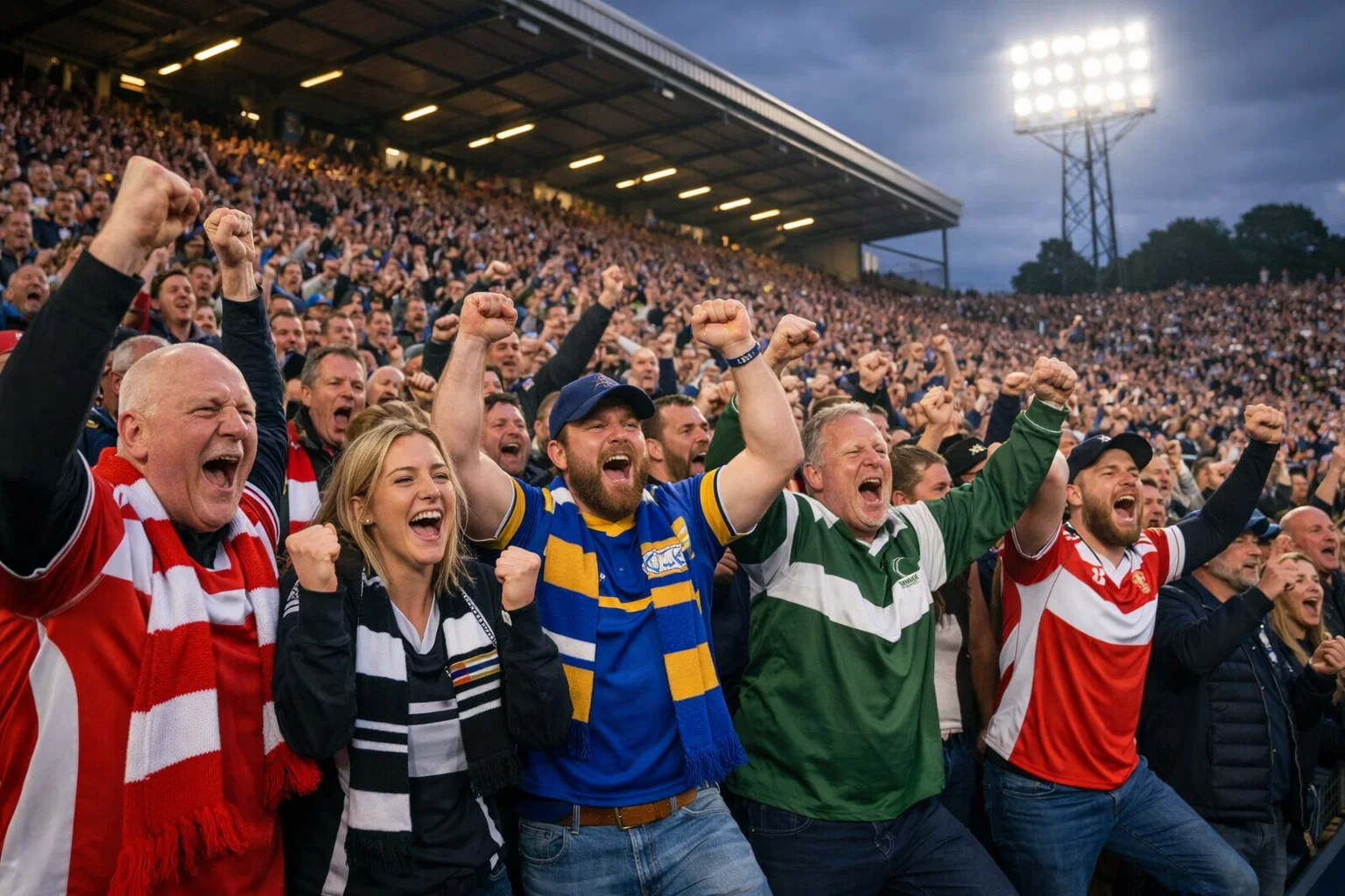 Passionate rugby fans celebrating at Super League match in England