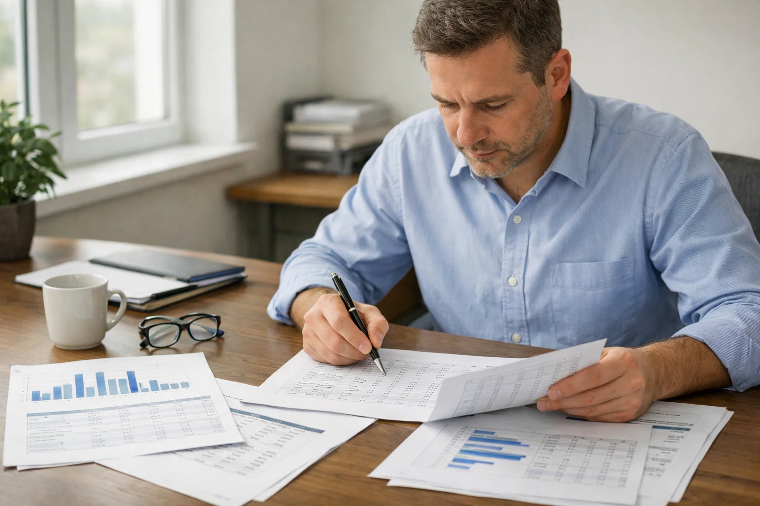 Analyst reviewing rugby league performance data on documents