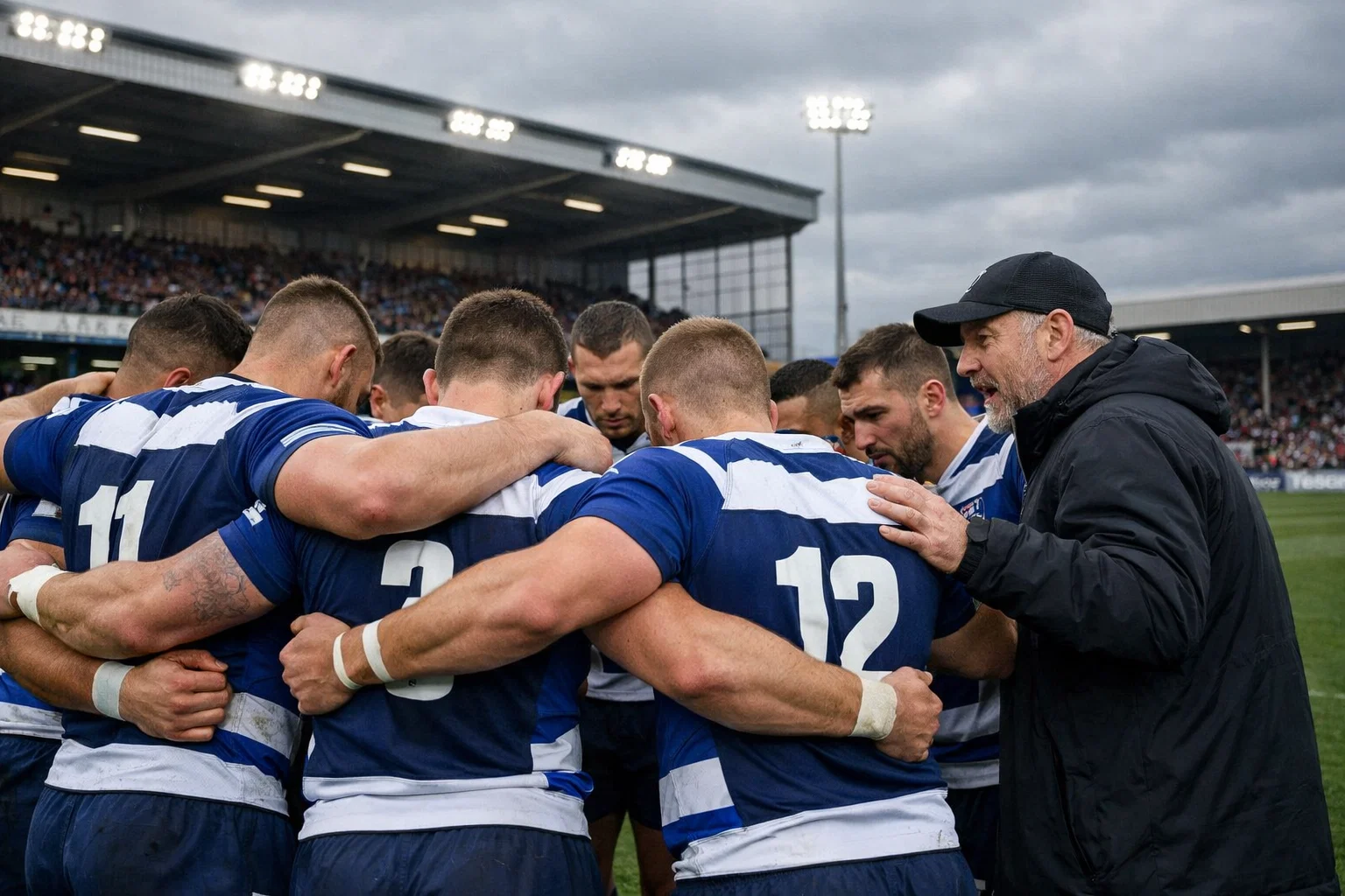 Rugby league team huddle before match at English stadium