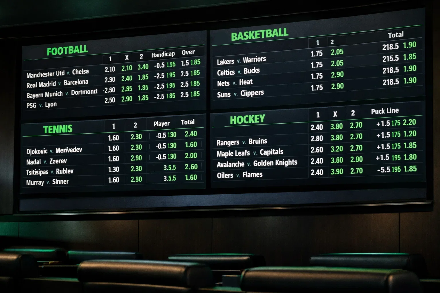 Betting odds displayed on a large screen at a sports venue