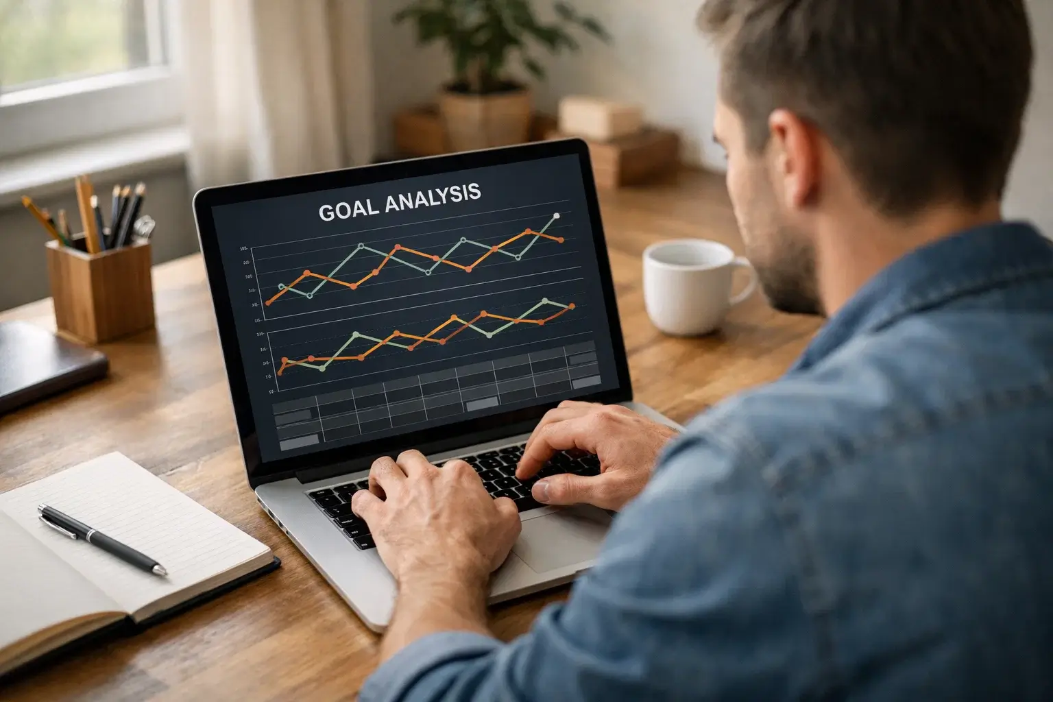 Person analysing rugby league statistics on a laptop computer