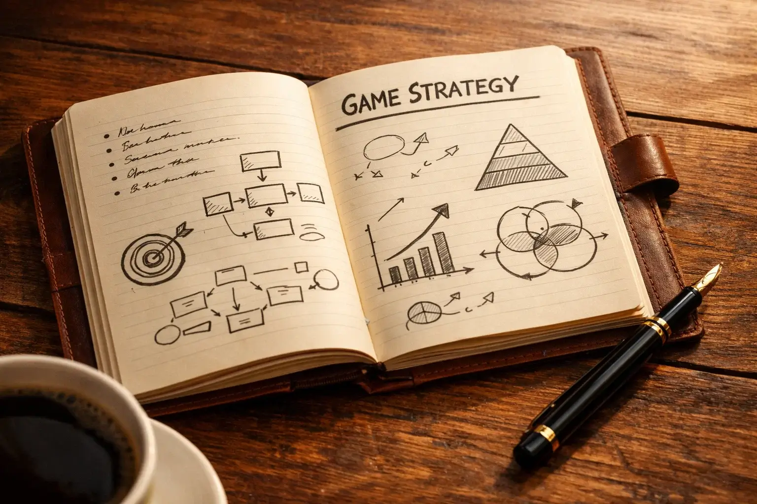Notebook with betting strategy notes and a pen on a wooden desk