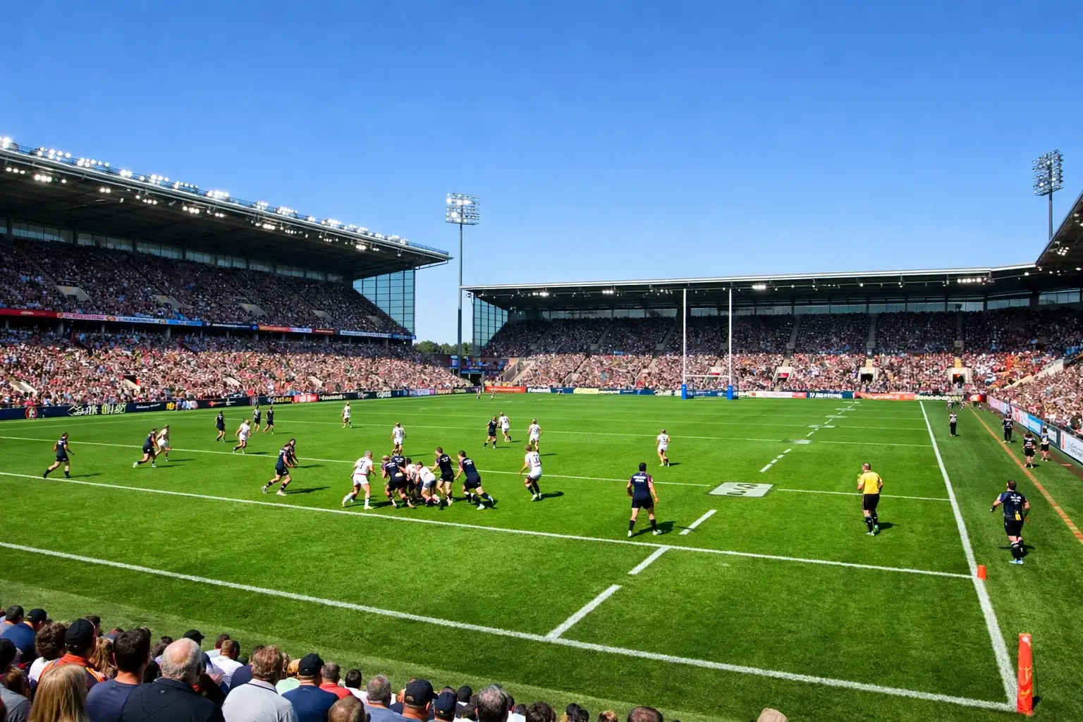 Rugby league match in progress on a professional grass pitch
