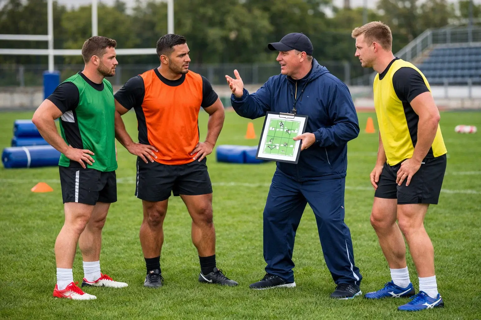 Rugby league coach discussing tactics with players on the field
