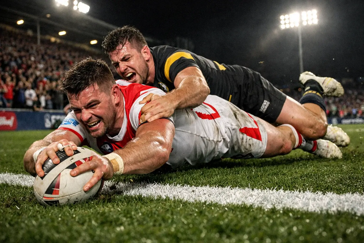 Rugby league try being scored near the goal line