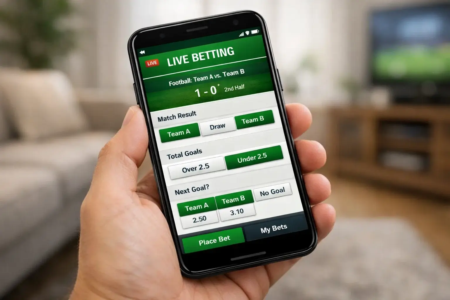 Sports betting interface showing live odds on a smartphone screen