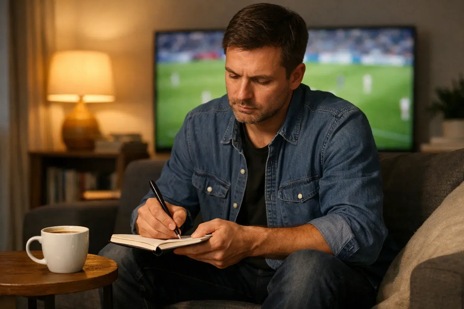Person taking notes while watching a rugby league match on television