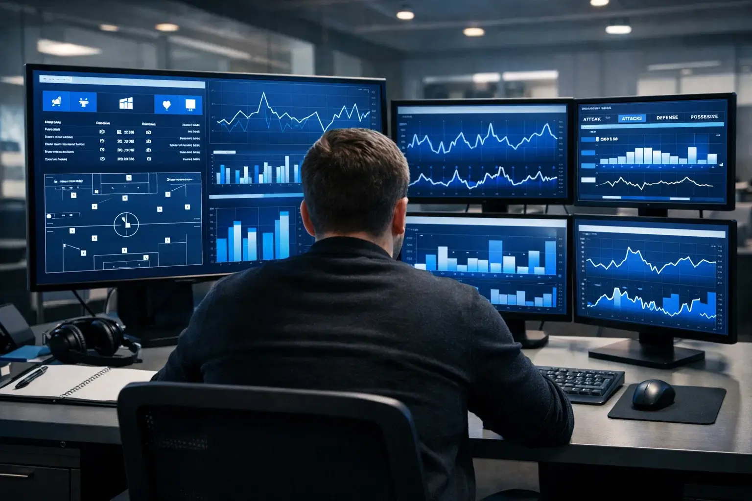 Sports analyst reviewing match statistics on multiple monitors