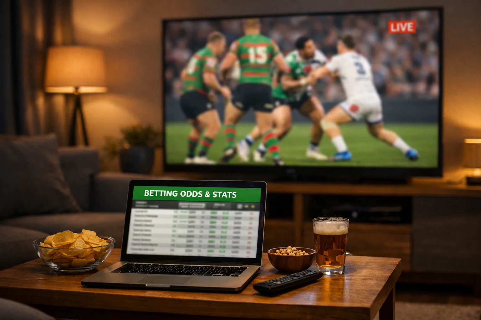 Home office setup with multiple screens showing live sports coverage