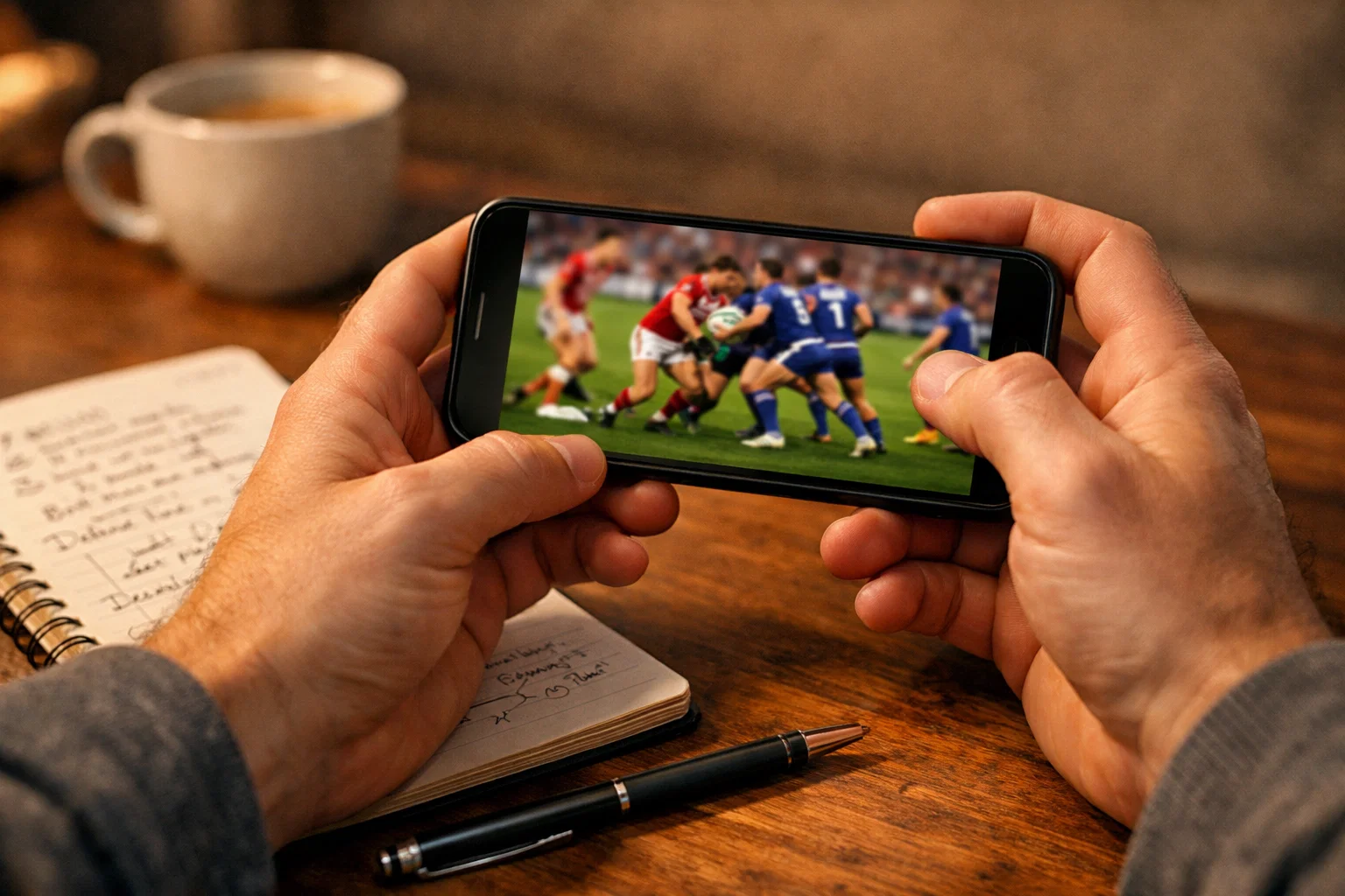 Person watching rugby league match on mobile device while taking betting notes