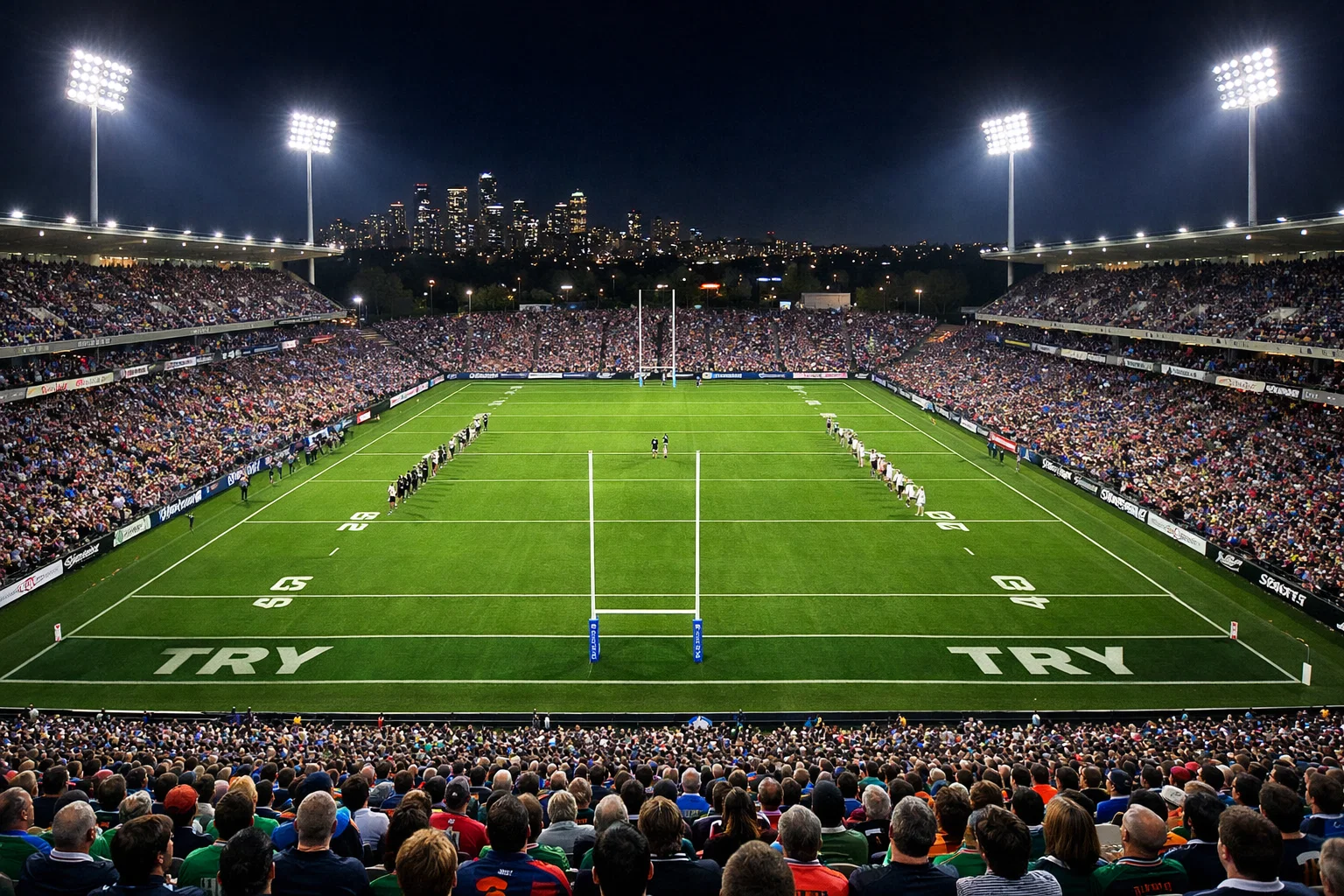 NRL stadium filled with fans during night match in Australia