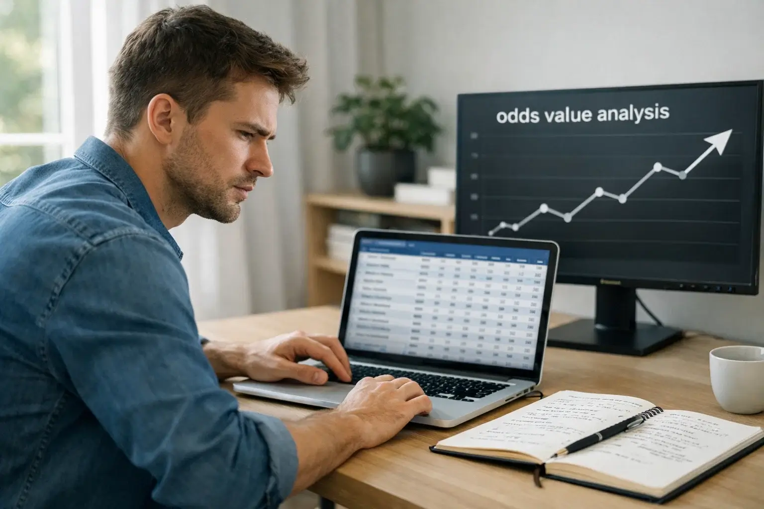 Sports analyst comparing try scorer betting odds on laptop