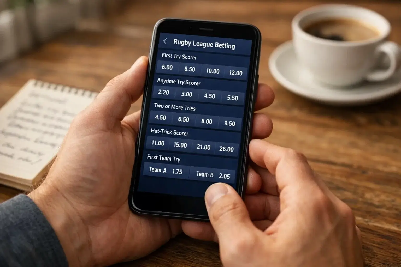 Bettor reviewing rugby league try scorer odds on screen